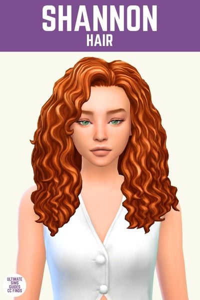 This image has a purple bar at the top that says "Shannon Hair" and below is a sim with a white vest and red curly hair 