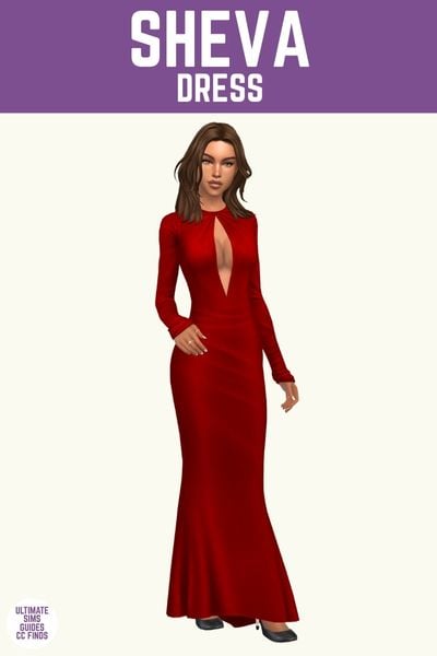 This is a product image for a dress from The Spotlight Collection. This image has a purple bar at the top and in white text it says "Sheva Dress" and below is a sim in a red silk dress with a bust cut out 