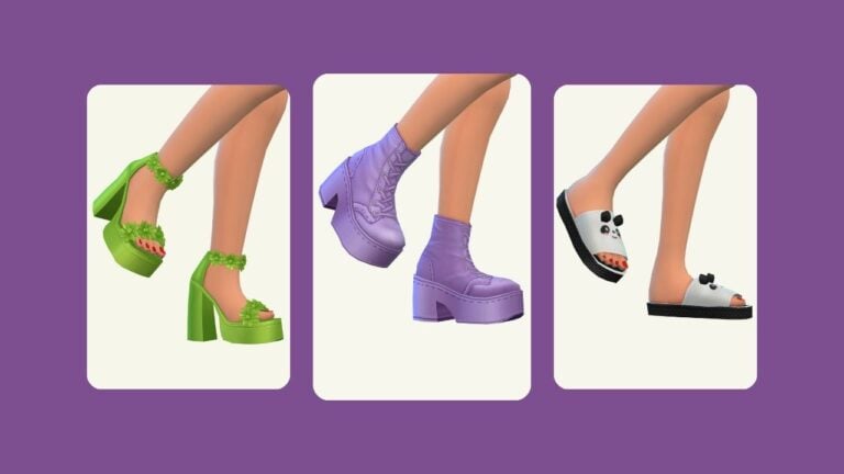 This image has a purple background with three rounded-edge rectangles and inside are images of different shoes for the sims 4 .