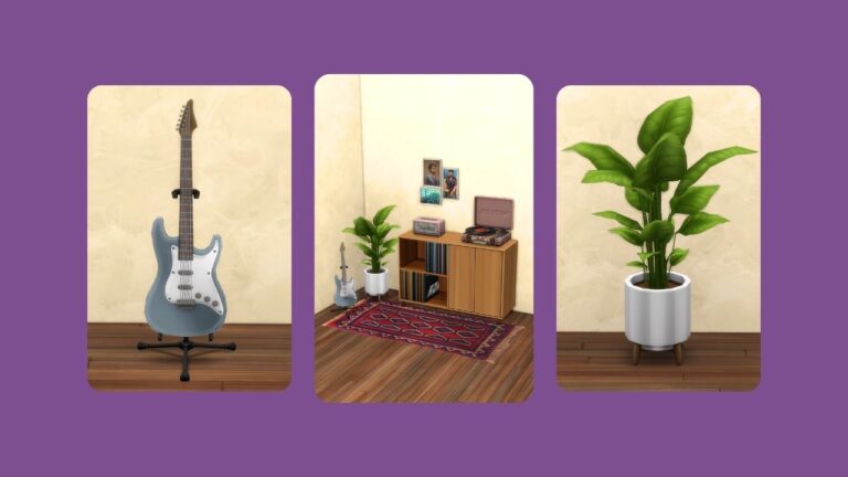 This image has a purple background with three rounded-edge rectangles. Inside of the rectangles are images of furniture. The first has a blue electric guitar, the second is a corner with a record player, and the third is a potted plant.