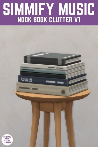 This image has a purple bar at the top with white text that says "Simmify Music Nook Book Clutter V1" and below is a rounded table with a stack of books on top.