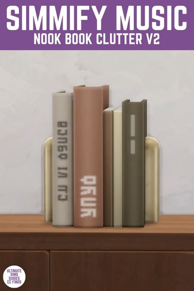 This image has a purple bar at the top with white text that says "Simmify Music Nook Book Clutter V2" and below is a close up of a set of cc books between two gold bookends.