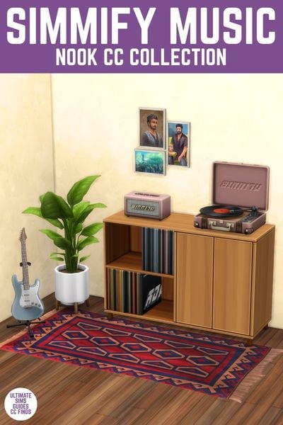 This image has a purple bar at the top with white text that reads "Simmify Music Nook CC Collection" and below is an image of a record cabinet, a guitar, and a record player. 