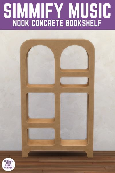 This image has a purple bar at the top with white text that says "Simmify Music Nook Concrete Bookshelf" and below is an image of a rounded concrete bookshelf with lots of shelves. 