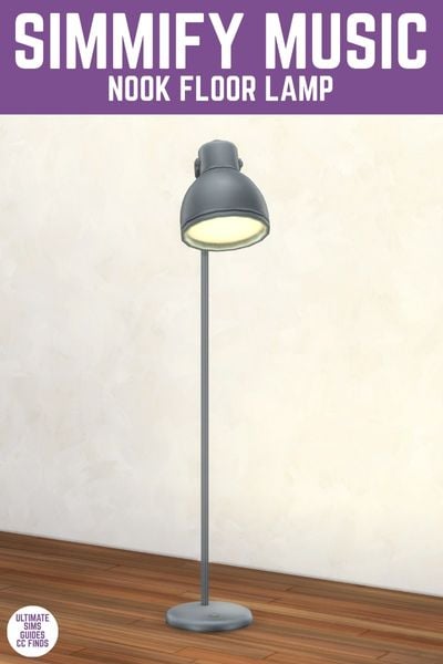 This image has a purple bar at the top with white text that says "Simmify Music Nook Floor Lamp" and below is a grey standing lamp 