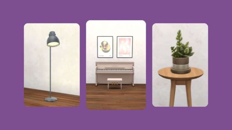 This image has a purple background with three rounded-edge images. In the images are a lamp, a piano and a plant.