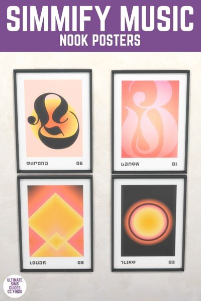 This image has a purple bar at the top with white text that says "Simmify Music Nook Posters" and below is an image of a wall with four posters.
