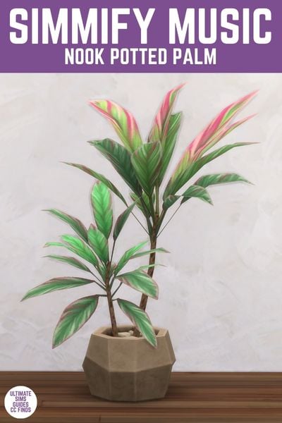 This image has a purple bar at the top with white text that says "Simmify Music Nook Potted Palm" and below is an image of a green and pink palm plant in a brown cement container. 