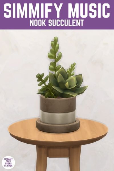 This image has a purple bar at the top with white text that says "Simmify Music Nook Succulent" and below is a rounded table with a succulent plant on top in a ceramic pot.