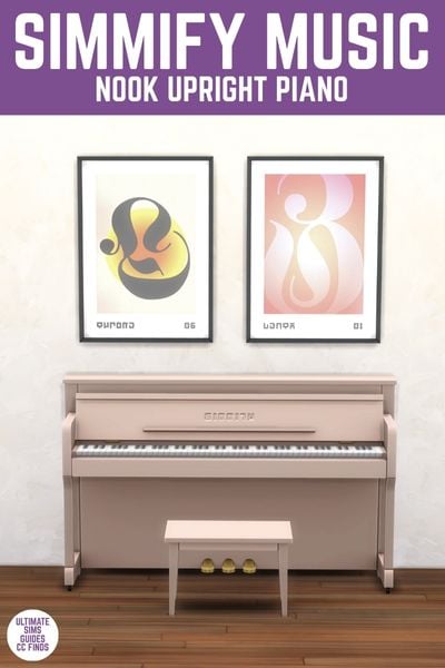 This image has a purple bar at the top with white text that says "Simmify Music Nook Upright Piano" and below is a pink piano, pink piano bench and two posters. 