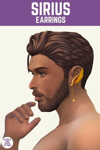This image has a purple bar at the top with the words "Sirius Earrings" in white. Below is a side view of a male sim with brown hair and they are wearing a gold wing shaped earring.