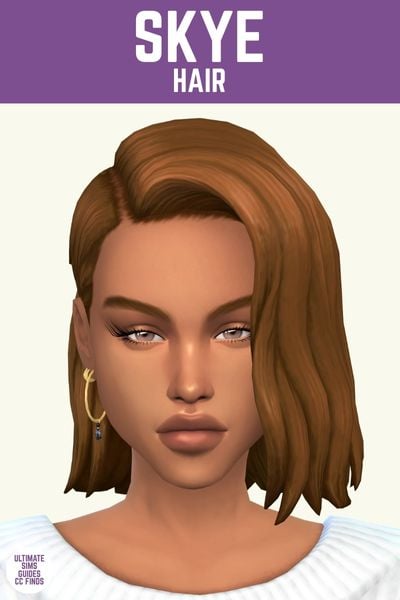This image has a purple bar at the top that says "Skye Hair" and below is a sim with shoulder length hair with a side part and tons of volume 
