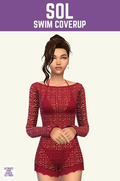This image has a purple bar at the top with white text. The text says "Sol Swim Coverup" and below is a sim wearing a mesh red long sleeve swim cover up over top of a bathing suit 
