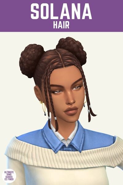 This image has a purple bar at the top with white text that says "Solana Hair" and below is a sim from the chest up. They have their hair in space buns with two braids on either side framing the face. 