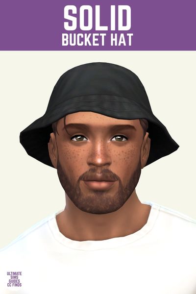 This image has a purple bar at the top with white text that says "Solid Bucket Hat" and below is a male sim wearing a white t-shirt and a black bucket hat