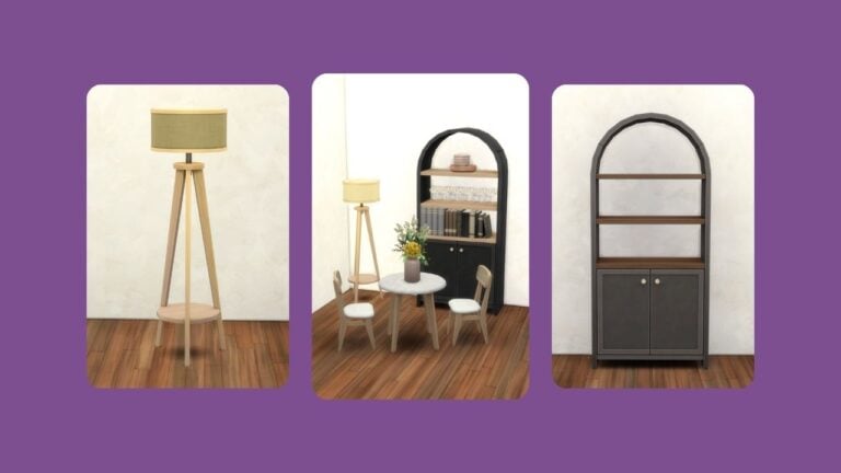 This image has a purple background with rounded-edge rectangles and inside of those rectangles are images of various dining room furniture pieces