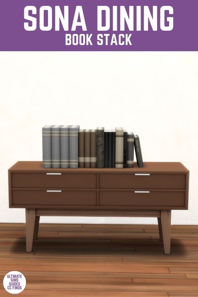This image has a purple bar at the top and white text that reads "Sona Dining Book Stack" and below is a brown console table with a bunch of books on top. 