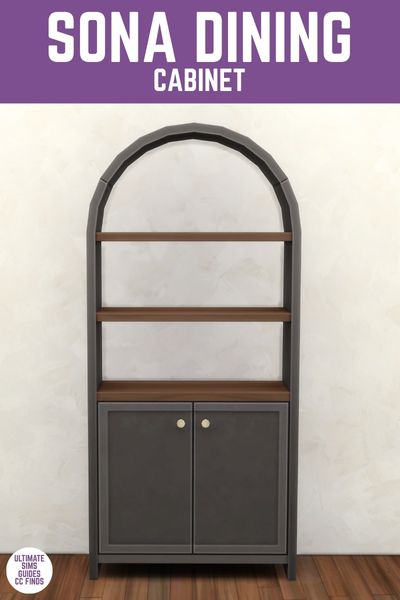 This image has a purple bar at the top and white text that reads "Sona Dining Cabinet" and below that is an image of a rounded top dining cabinet with three shelves. 