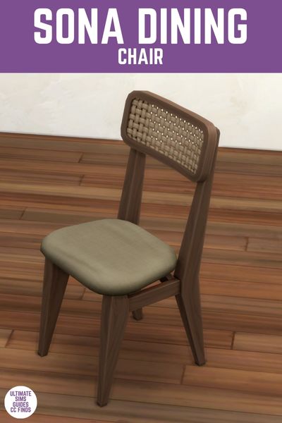 This image has a purple bar at the top and white text that reads "Sona Dining Chair" And below is an image of a chair with a rattan back, a soft cushion and more. 