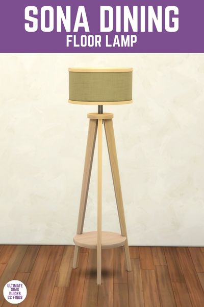 This image has a purple bar at the top and white text that reads "Sona Dining Floor Lamp" and below is an image of a lamp with a round shade and a tall base