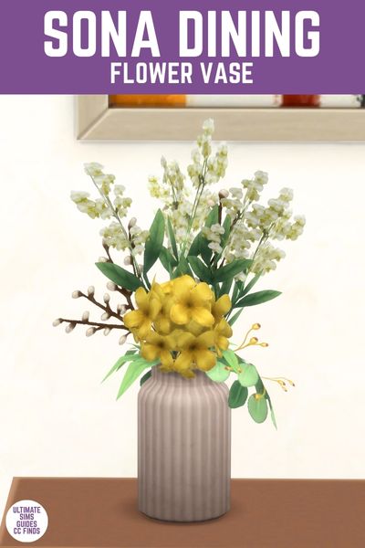 This image has a purple bar at the top and white text that reads "Sona Dining Flower Vase" and below that is a textured vase with a bunch of flowers inside in white and yellow. 