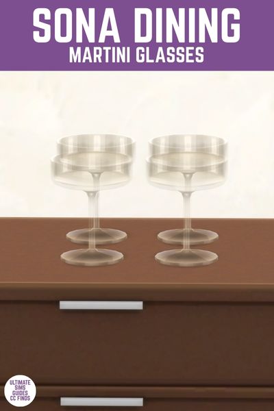 This image has a purple bar at the top and white text that reads "Sona Dining Martini Glasses" and below that is an image of a brown accent table with four empty martini glasses sitting on top 