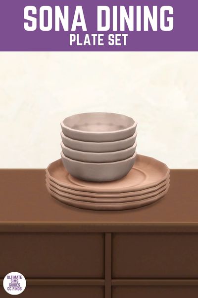 This image has a purple bar at the top and white text that reads "Sona Dining Plate Set" and below is an image of a brown table with four plates and four bowls stacked on top of each other. 