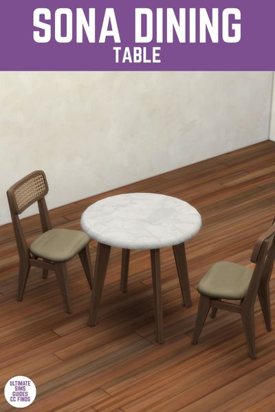 This image has a purple bar at the top and white text that reads "Sona Dining Table" and below is an image of a room with stucco grey walls, a rounded marble table and two dining chairs. 