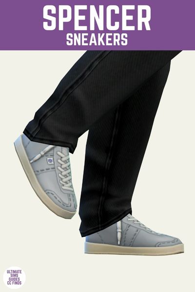 This image has a purple bar at the top with white text that says "Spencer Sneakers" and below is a pair of legs wearing grey sneakers