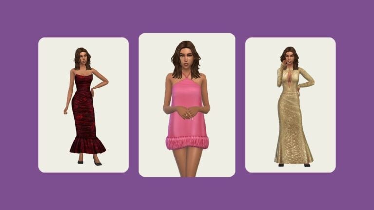 This image has a purple background with three rounded-edge rectangles. Inside of those rectangles is a sim posing in different formal dresses.