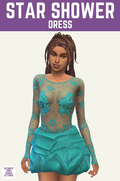 This is a product image for cc pieces from the Starry Night Collection by Joliebean. At the top of the image is a purple bar with white text that says "Star Shower Dress" and below is a sim wearing a long sleeve dress. The dress has a see-through look for the top with stars all over and the skirt is ruched 