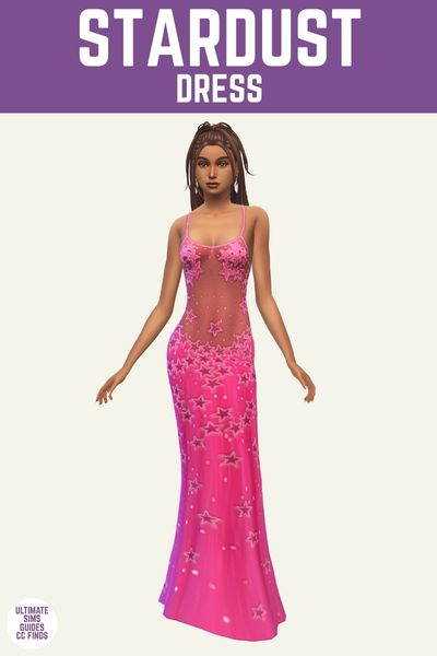 This is a product image for cc pieces from the Starry Night Collection by Joliebean. At the top of the image is a purple bar with white text that says "Stardust Dress" and below is a sim posing. The sim is wearing a hot pink tank top dress with sparkles and stars all over. 