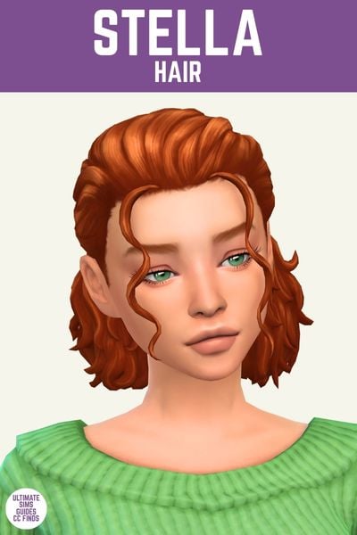 This image has a purple bar at the top with white text that says "Stella Hair" and below is a sim wearing a green knit sweater with chin-length hair 