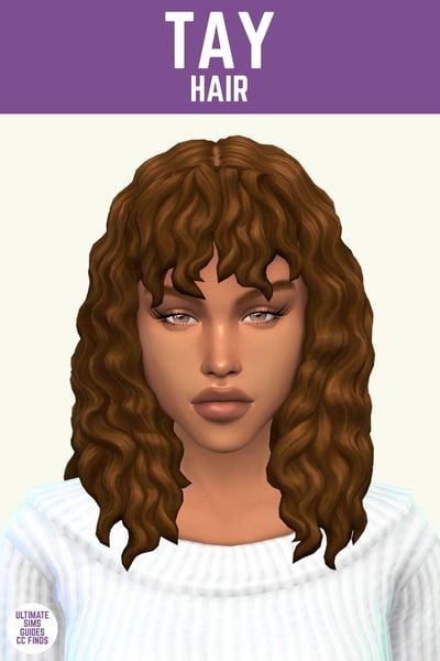 This image has a purple bar at the top that says "Tay Hair" and below is a sim with a white sweater with wavy hair with wavy bangs 