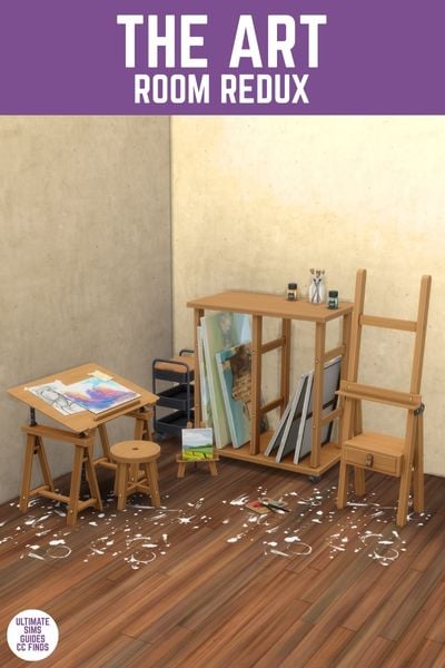 This image has a purple bar at the top with white text that reads "The Art Room Redux" and below is a set of artist furniture 