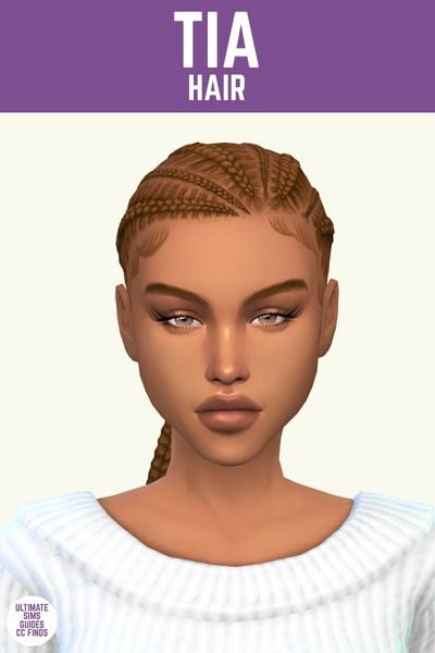 This image has a purple bar at the top that says "Tia Hair" and below is a sim wearing a white sweater with braids going into a low pony tail 