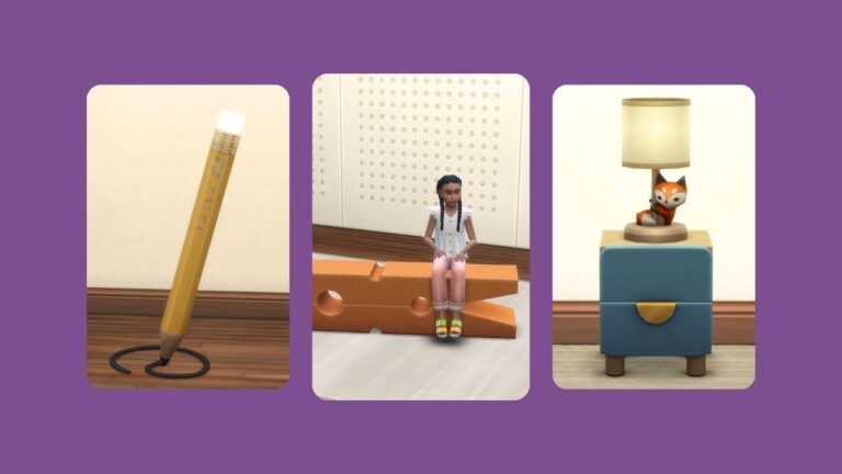 This image has a purple background with three rounded-edge rectangles. Inside the rectangles are images of furniture pieces from the tiny tyrants collections.