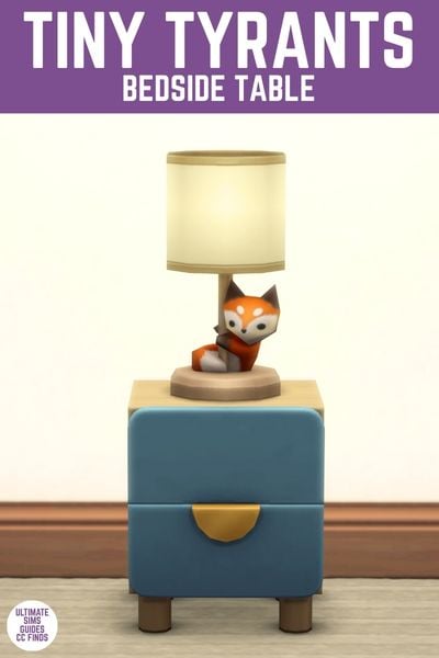This image has a purple bar at the top with white text that reads "Tiny Tyrants Bedside Table" and below is an image of a bedside table with blue drawers and a wooden base with a lamp on top.