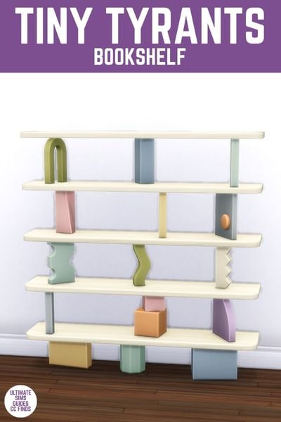This image has a purple bar at the top with white text that reads "Tiny Tyrants Bookshelf" and below is a shelf with white shelves and random colourful shapes holding it up 