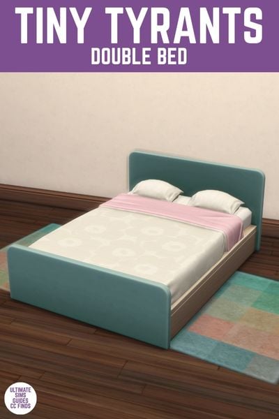 This image has a purple bar at the top with white text that reads "Tiny Tyrants Double Bed" and below is a teal headboard bed with white blankets. 
