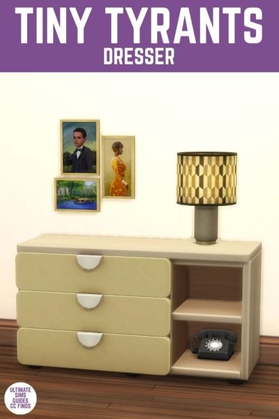This image has a purple bar at the top with white text that reads "Tiny Tyrants Dresser" and below is a simple dresser with three drawers on the left and two shelves on the right. 