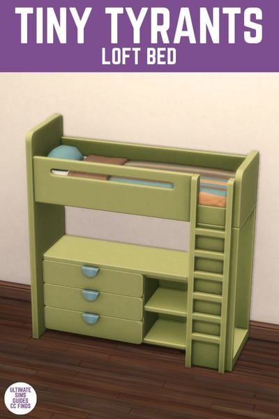 This image has a purple bar at the top with white text that reads "Tiny Tyrants Loft bed" and below is a green loft bed with a matching green dresser underneath. 