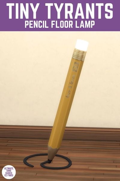 This image has a purple bar at the top with white text that reads "Tiny Tyrants Pencil Floor Lamp" and below is a large pencil with a light as the eraser being held up by a squiggle drawing. 