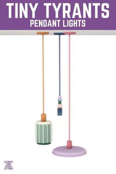 This image has a purple bar at the top with white text that reads "Tiny Tyrants Pendant Lights" and below are three pendant lights hanging down in different colours. 