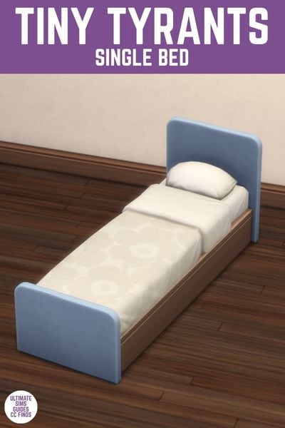 This image has a purple bar at the top with white text that reads "Tiny Tyrants Single Bed" and below is a bed with a blue headboard and white floral blankets. 