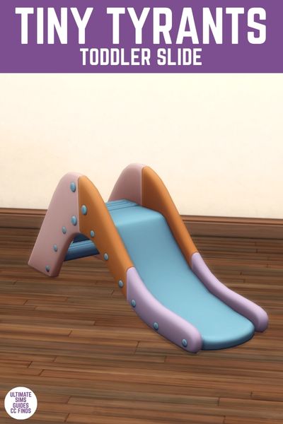 This image has a purple bar at the top with white text that reads "Tiny Tyrants Toddler Slide" and below is. a room with plain walls, wooden floors and a colourful slide 