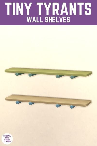 This image has a purple bar at the top with white text that reads "Tiny Tyrants Wall Shelves" and below are two wall shelves with pegs holding them up.