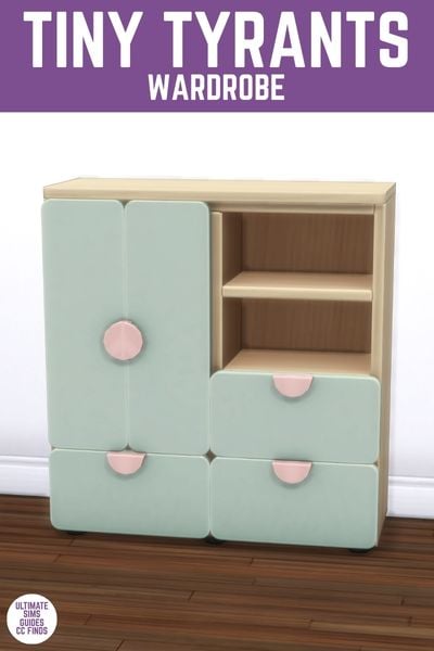 This image has a purple bar at the top with white text that reads "Tiny Tyrants Wardrobe" and below is a large wardrobe with doors, drawers and shelves in teal with pink handles. 