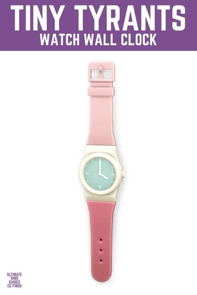 This image has a purple bar at the top with white text that reads "Tiny Tyrants watch wall clock" and below is a white wall with a pink watch shaped clock. 