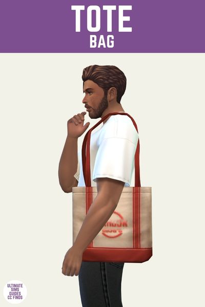 This image has a purple bar at the top with white text that says "tote bag" and below is a male sim wearing black jeans and a white t-shirt and carrying a tote bag in red